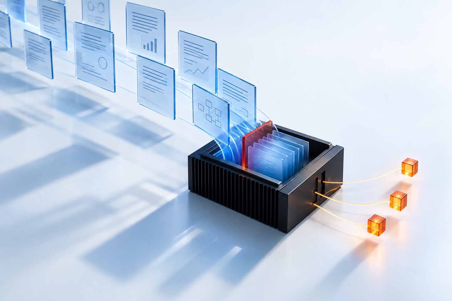 Blue business records flow into a shared black archive, pass a red approval gate, and emerge as orange agent actions.