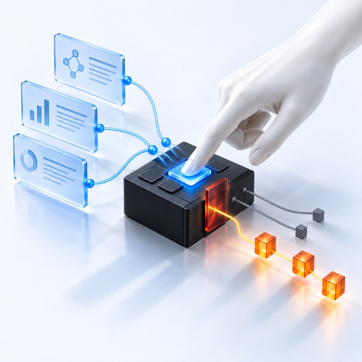 A human hand selects an AI recommendation on a black console. One approved orange workflow lights up beyond a red checkpoint, while other routes remain inactive.